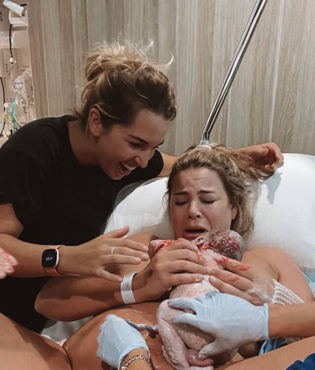 fiona and wife Hayley meeting newborn baby post vaginal birth